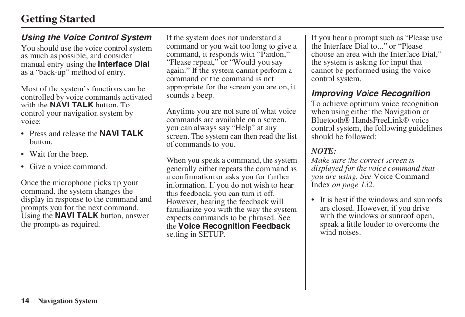 Getting started | HONDA 2008 Accord 00X31 TA5 8000 User Manual | Page 15 / 149