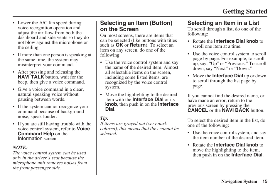 Getting started | HONDA 2008 Accord 00X31 TA5 8000 User Manual | Page 16 / 149