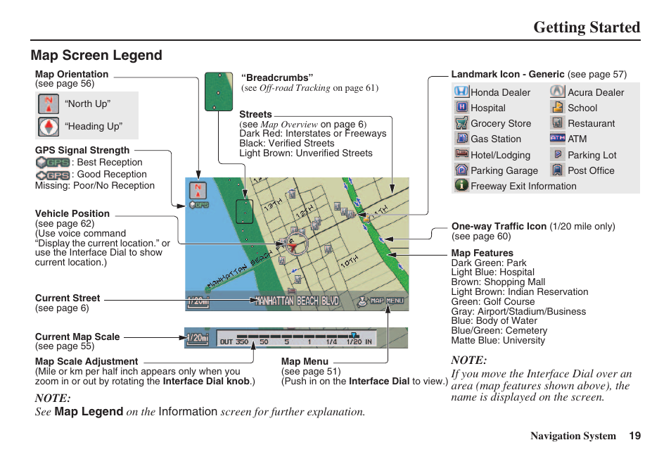 Getting started, Map screen legend | HONDA 2008 Accord 00X31 TA5 8000 User Manual | Page 20 / 149