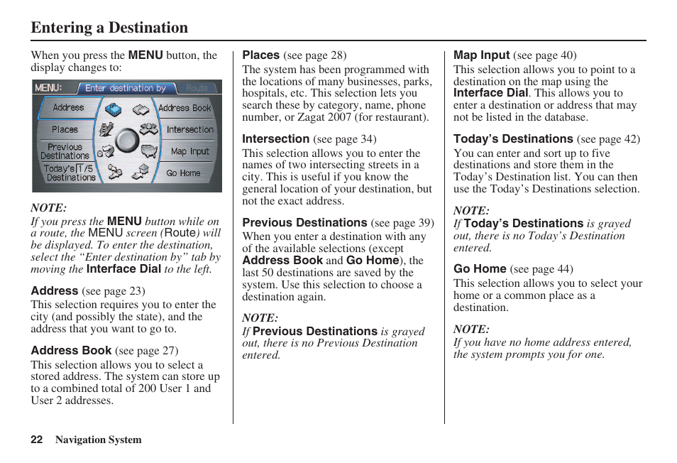 Entering a destination | HONDA 2008 Accord 00X31 TA5 8000 User Manual | Page 23 / 149