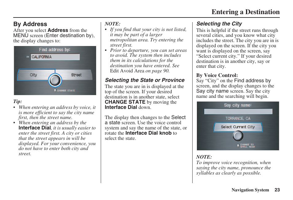 Entering a destination | HONDA 2008 Accord 00X31 TA5 8000 User Manual | Page 24 / 149