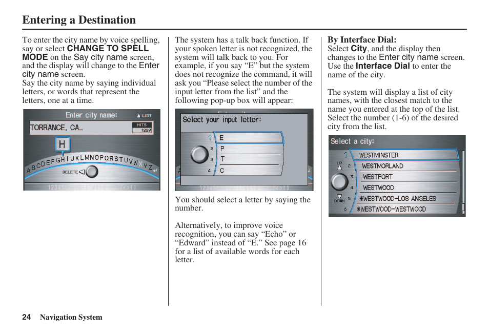 Entering a destination | HONDA 2008 Accord 00X31 TA5 8000 User Manual | Page 25 / 149