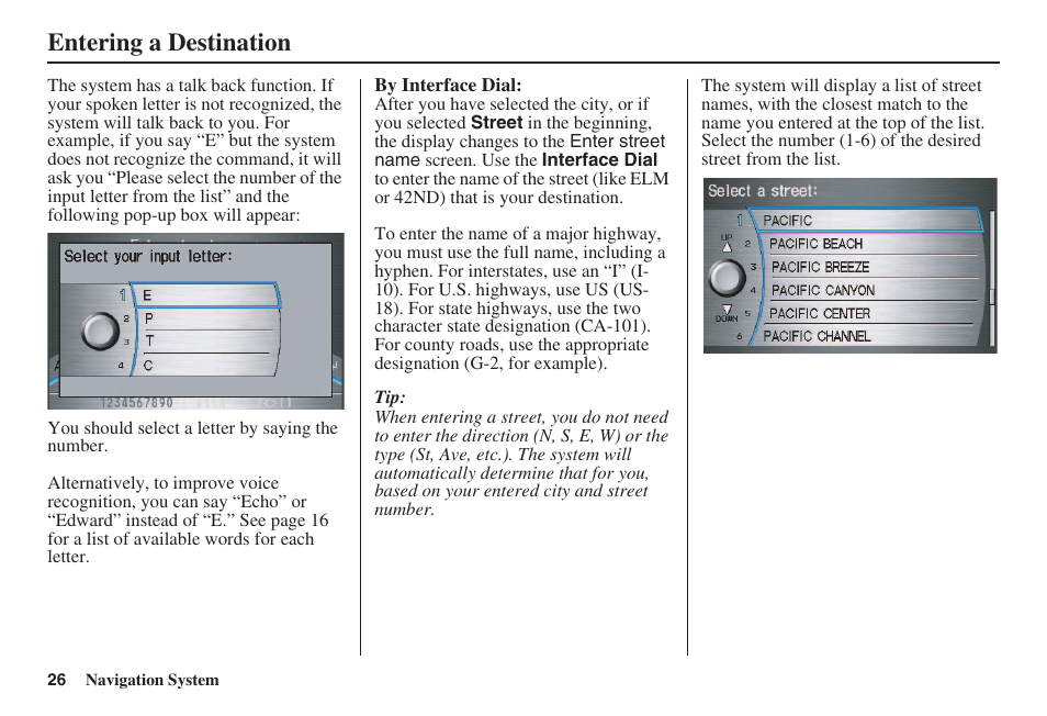 Entering a destination | HONDA 2008 Accord 00X31 TA5 8000 User Manual | Page 27 / 149