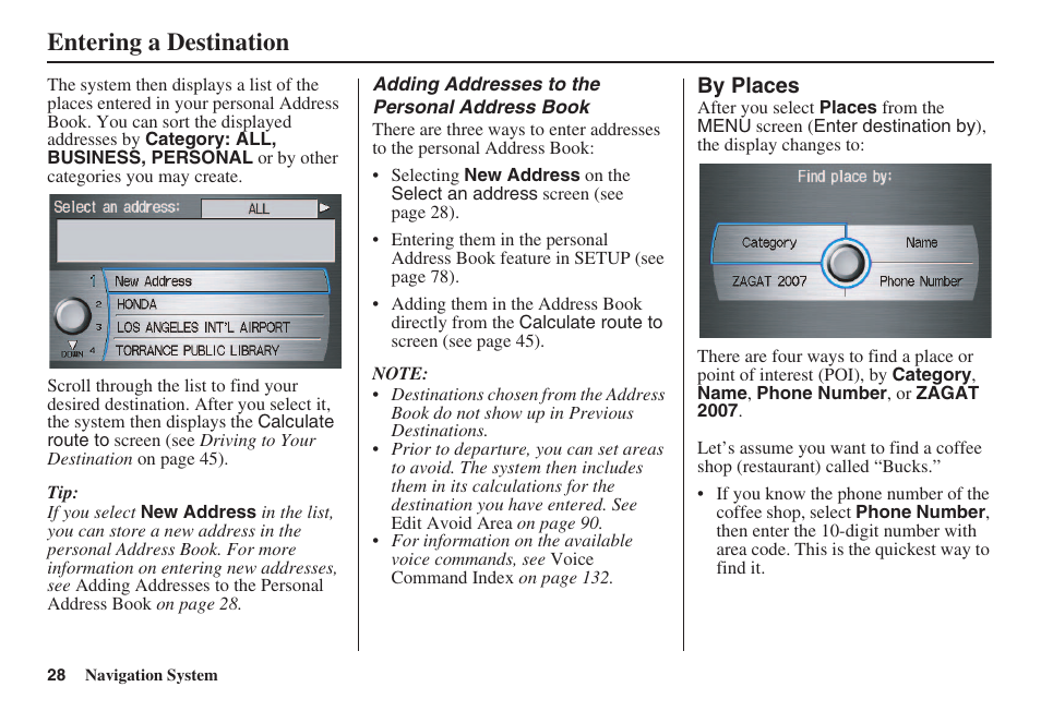 Entering a destination | HONDA 2008 Accord 00X31 TA5 8000 User Manual | Page 29 / 149