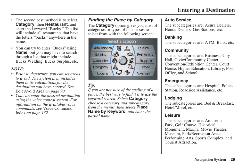 Entering a destination | HONDA 2008 Accord 00X31 TA5 8000 User Manual | Page 30 / 149