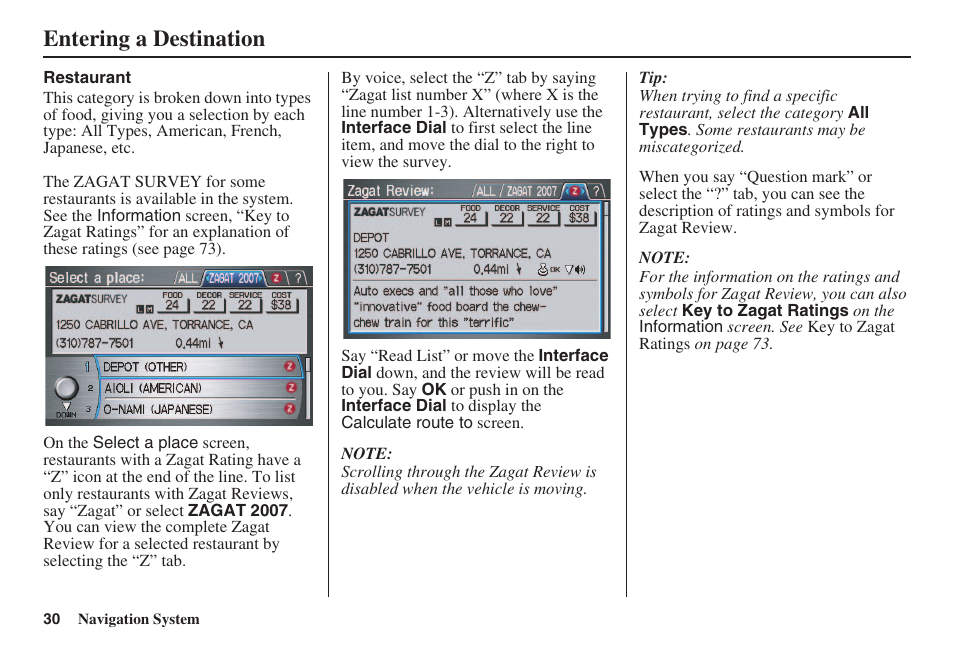 Entering a destination | HONDA 2008 Accord 00X31 TA5 8000 User Manual | Page 31 / 149