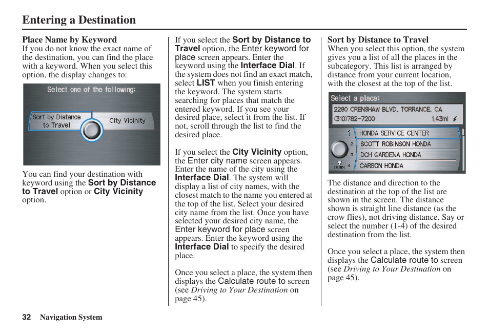 Entering a destination | HONDA 2008 Accord 00X31 TA5 8000 User Manual | Page 33 / 149