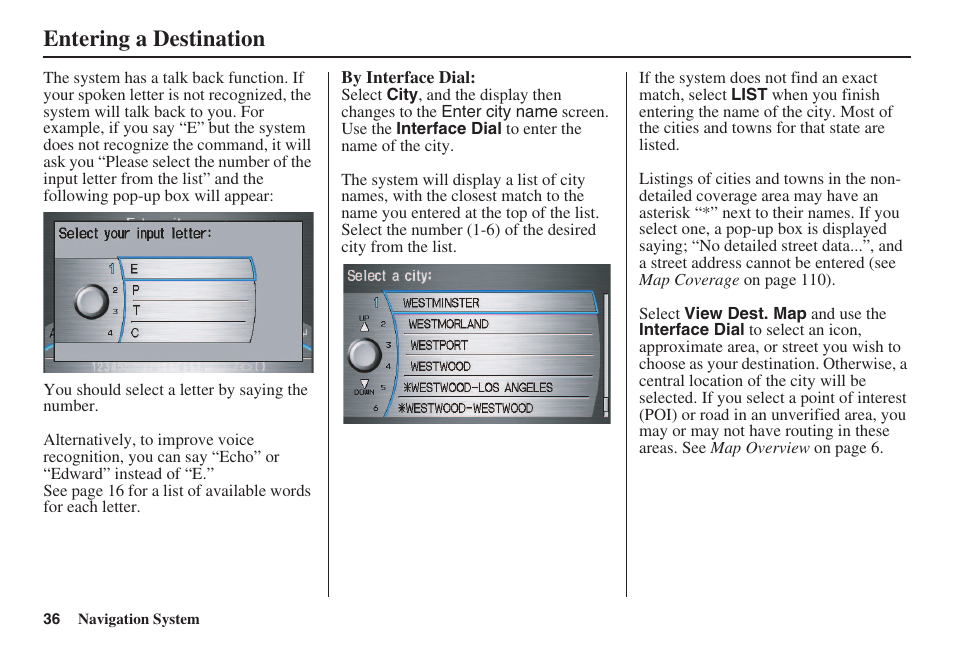 Entering a destination | HONDA 2008 Accord 00X31 TA5 8000 User Manual | Page 37 / 149