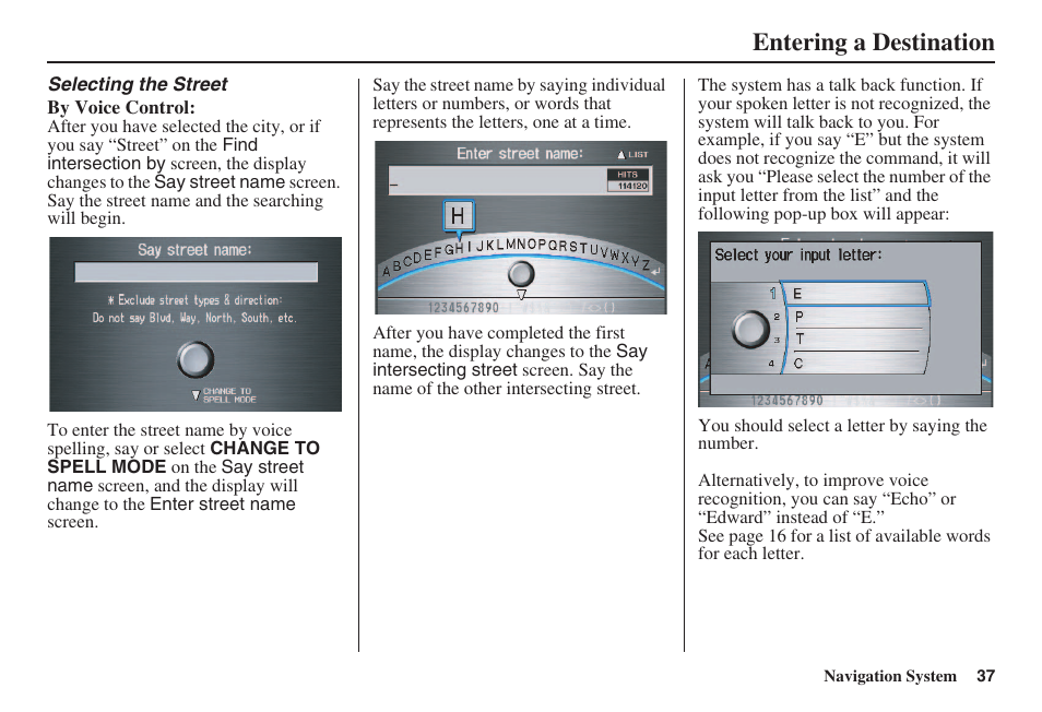 Entering a destination | HONDA 2008 Accord 00X31 TA5 8000 User Manual | Page 38 / 149