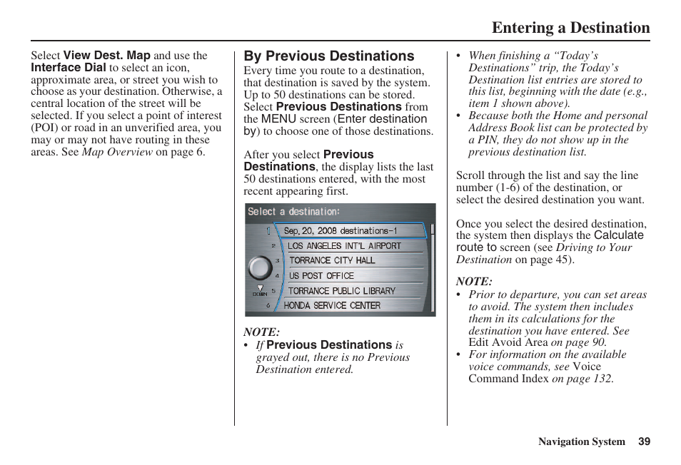 Entering a destination | HONDA 2008 Accord 00X31 TA5 8000 User Manual | Page 40 / 149