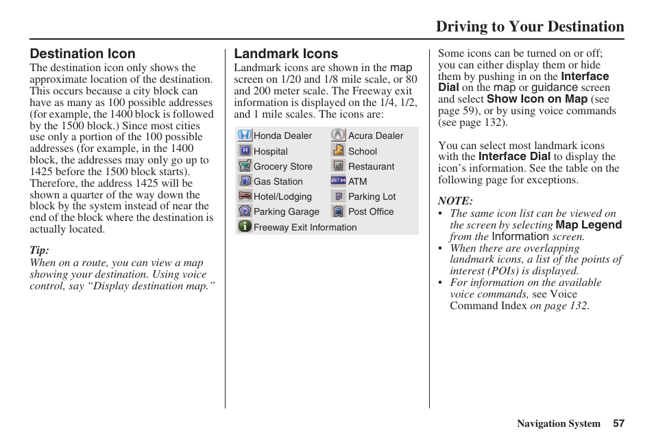 Driving to your destination, Destination icon, Landmark icons | HONDA 2008 Accord 00X31 TA5 8000 User Manual | Page 58 / 149