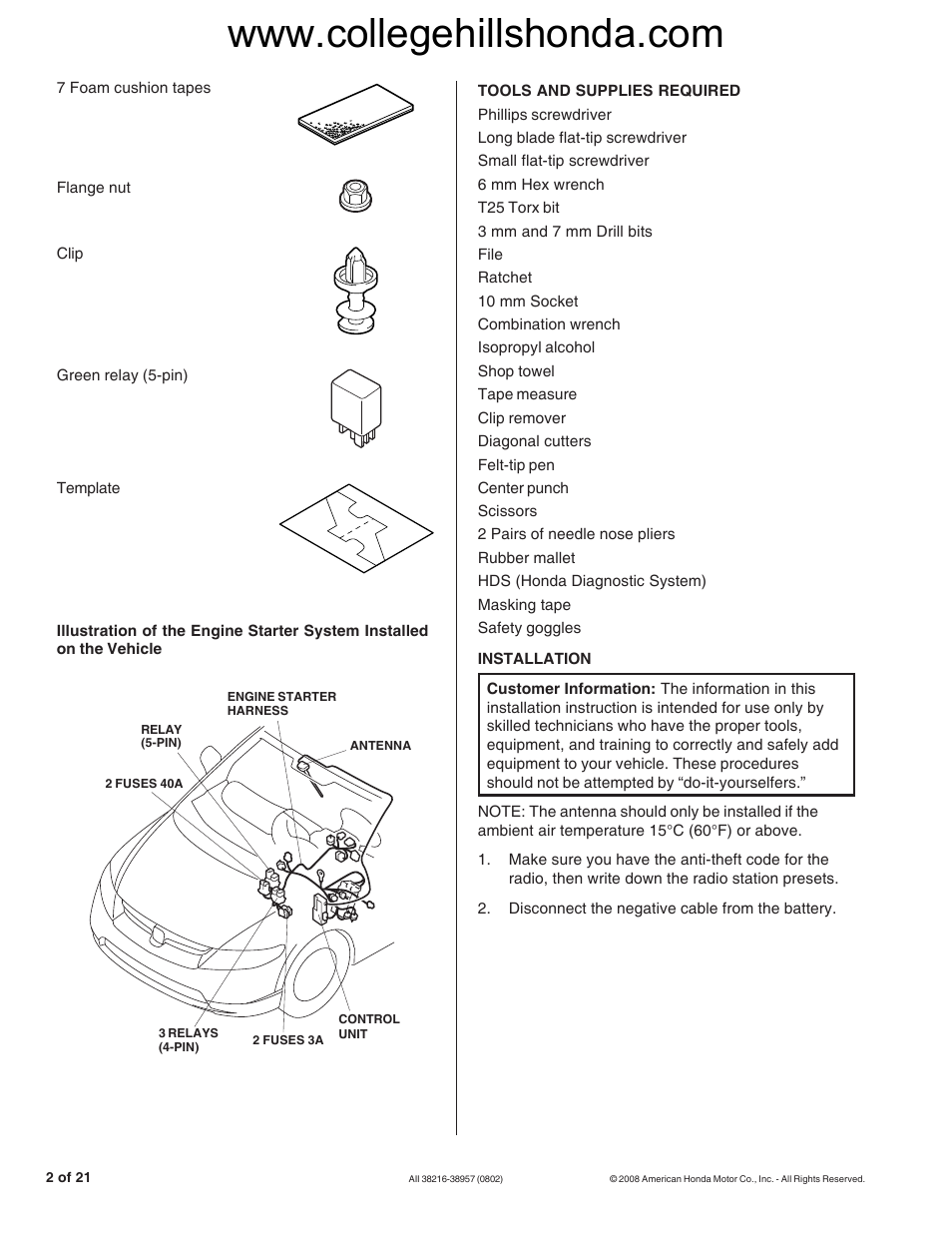 HONDA 08E92-SNA-100B User Manual | Page 2 / 20