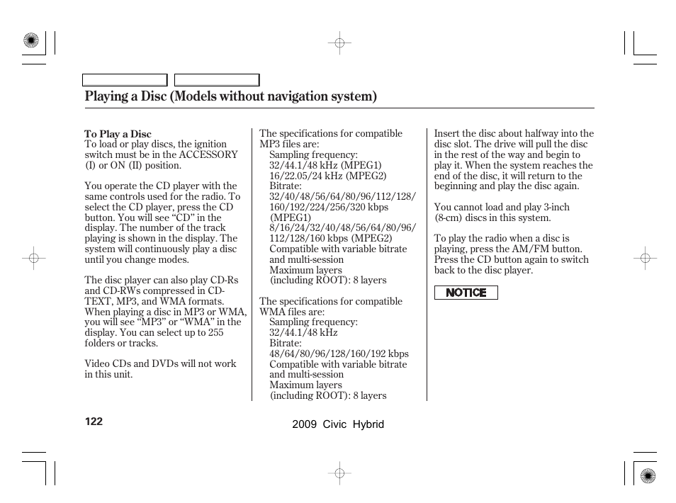 Playing a disc (models without navigation system) | HONDA 2009 Civic Hybrid User Manual | Page 125 / 384