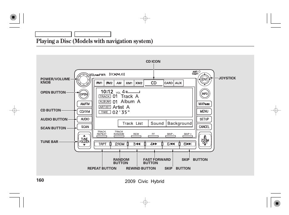 Playing a disc (models with navigation system) | HONDA 2009 Civic Hybrid User Manual | Page 163 / 384