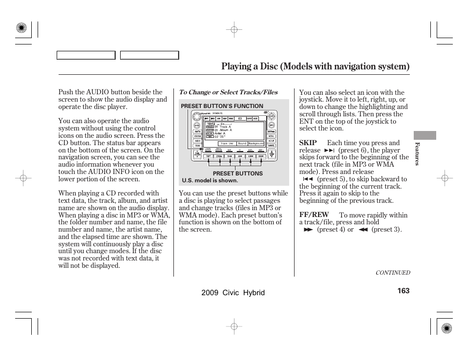 Playing a disc (models with navigation system) | HONDA 2009 Civic Hybrid User Manual | Page 166 / 384