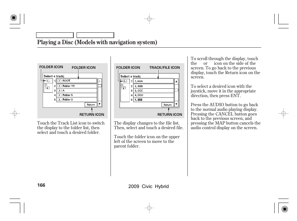 Playing a disc (models with navigation system) | HONDA 2009 Civic Hybrid User Manual | Page 169 / 384