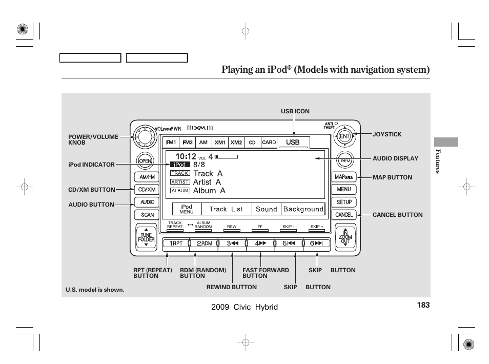 Playing an ipod (models with navigation system), 2009 civic hybrid | HONDA 2009 Civic Hybrid User Manual | Page 186 / 384