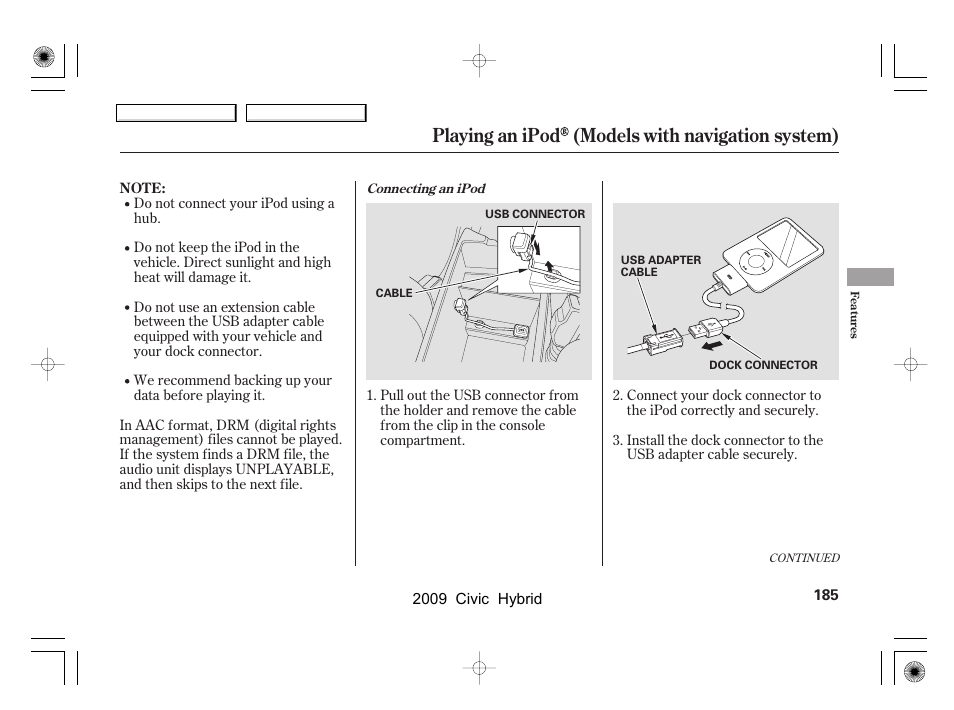 Playing an ipod (models with navigation system) | HONDA 2009 Civic Hybrid User Manual | Page 188 / 384