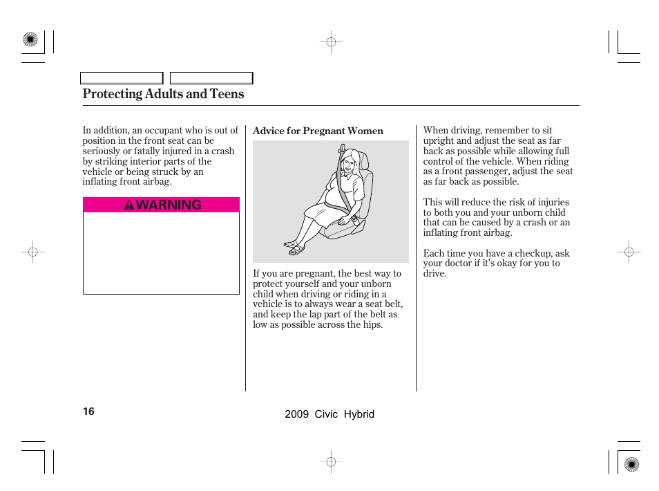 Protecting adults and teens | HONDA 2009 Civic Hybrid User Manual | Page 19 / 384