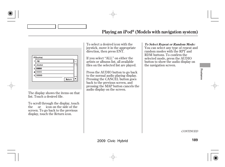 Playing an ipod (models with navigation system) | HONDA 2009 Civic Hybrid User Manual | Page 192 / 384