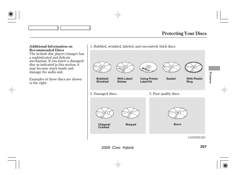 Protecting your discs | HONDA 2009 Civic Hybrid User Manual | Page 210 / 384