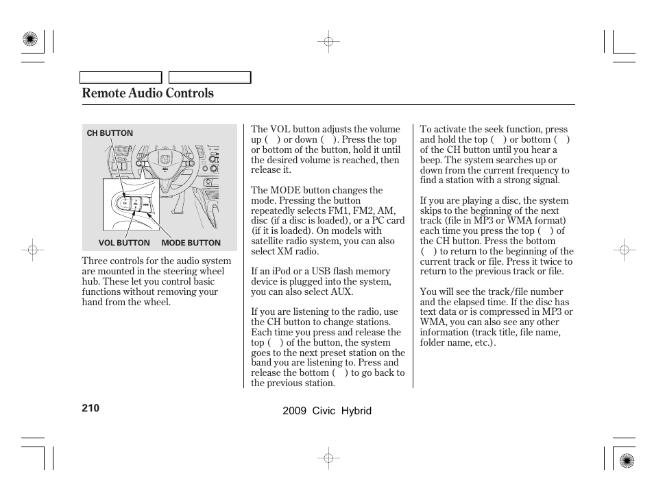 Remote audio controls | HONDA 2009 Civic Hybrid User Manual | Page 213 / 384