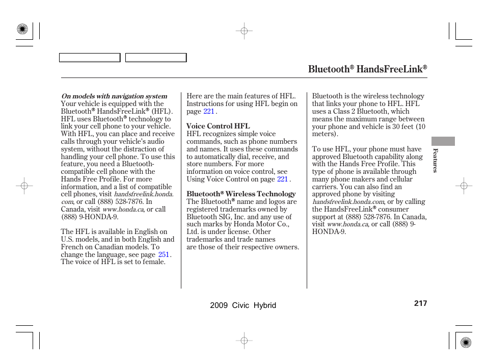 Bluetooth handsfreelink | HONDA 2009 Civic Hybrid User Manual | Page 220 / 384