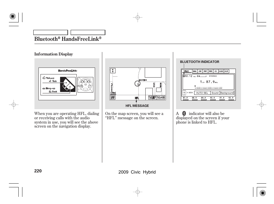 Bluetooth handsfreelink | HONDA 2009 Civic Hybrid User Manual | Page 223 / 384