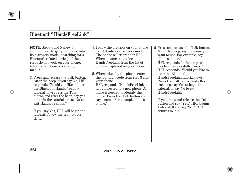 Bluetooth handsfreelink | HONDA 2009 Civic Hybrid User Manual | Page 227 / 384