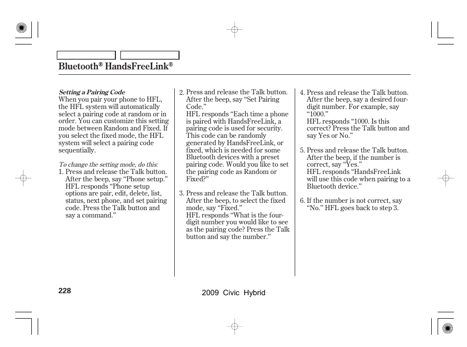 Bluetooth handsfreelink | HONDA 2009 Civic Hybrid User Manual | Page 231 / 384