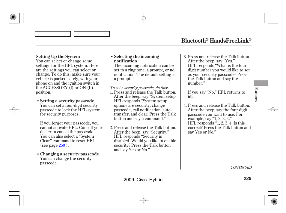 Bluetooth handsfreelink | HONDA 2009 Civic Hybrid User Manual | Page 232 / 384