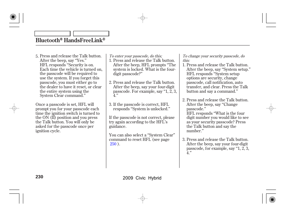 Bluetooth handsfreelink | HONDA 2009 Civic Hybrid User Manual | Page 233 / 384