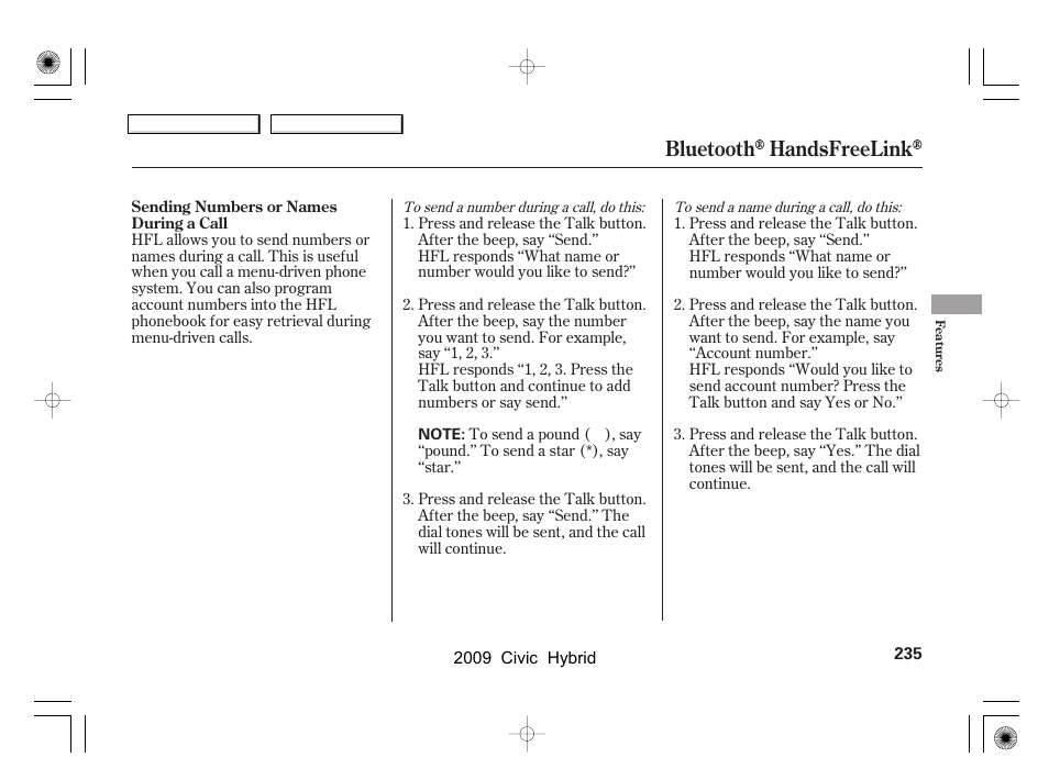 Bluetooth handsfreelink | HONDA 2009 Civic Hybrid User Manual | Page 238 / 384