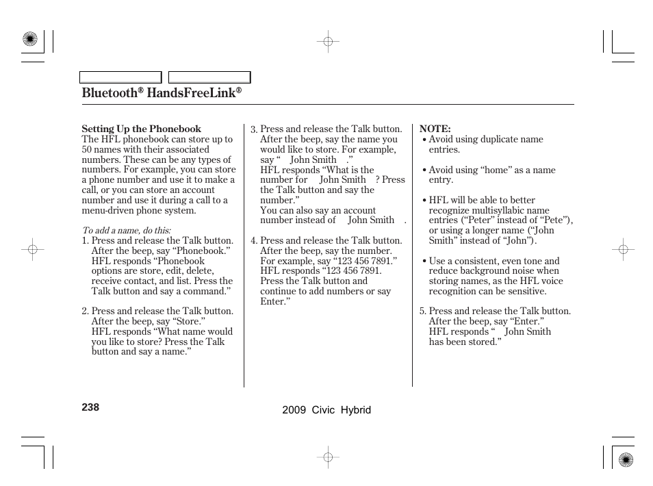 Bluetooth handsfreelink | HONDA 2009 Civic Hybrid User Manual | Page 241 / 384