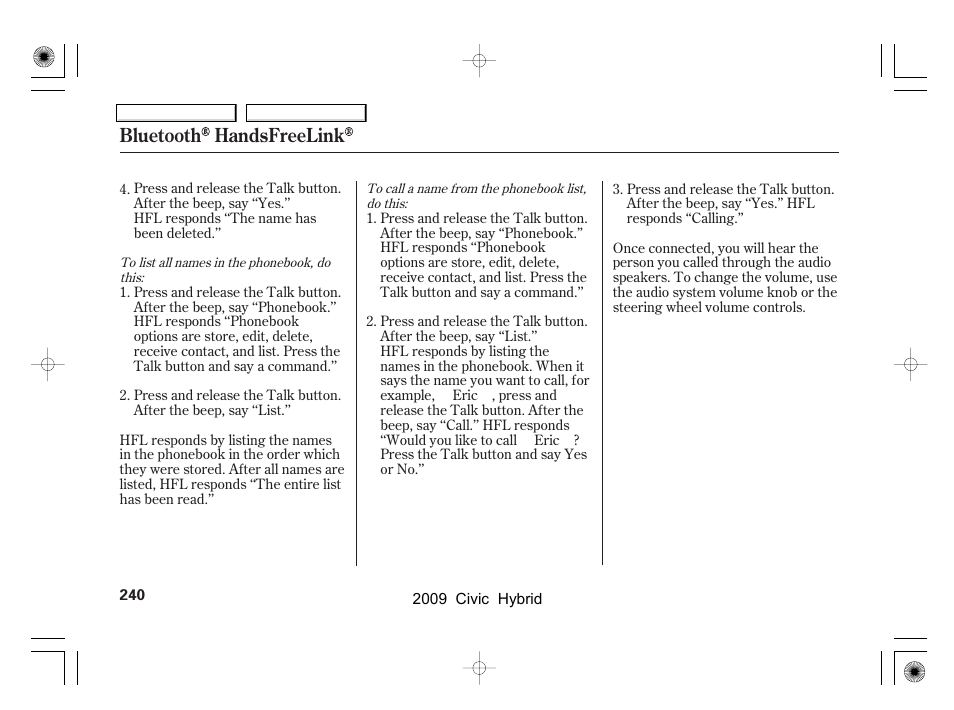 Bluetooth handsfreelink | HONDA 2009 Civic Hybrid User Manual | Page 243 / 384