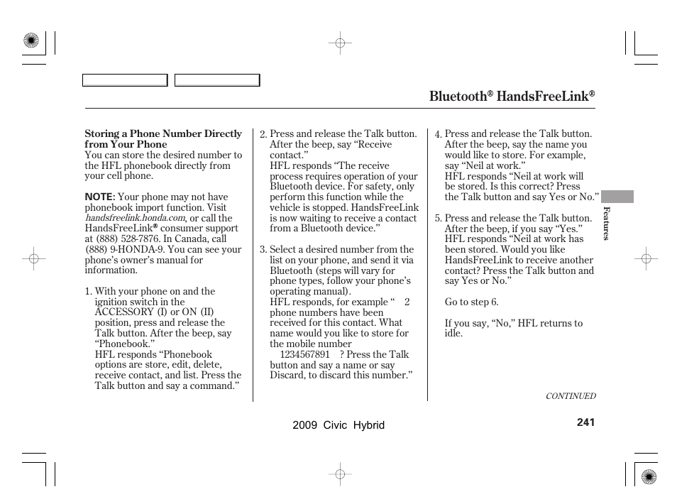 Bluetooth handsfreelink | HONDA 2009 Civic Hybrid User Manual | Page 244 / 384