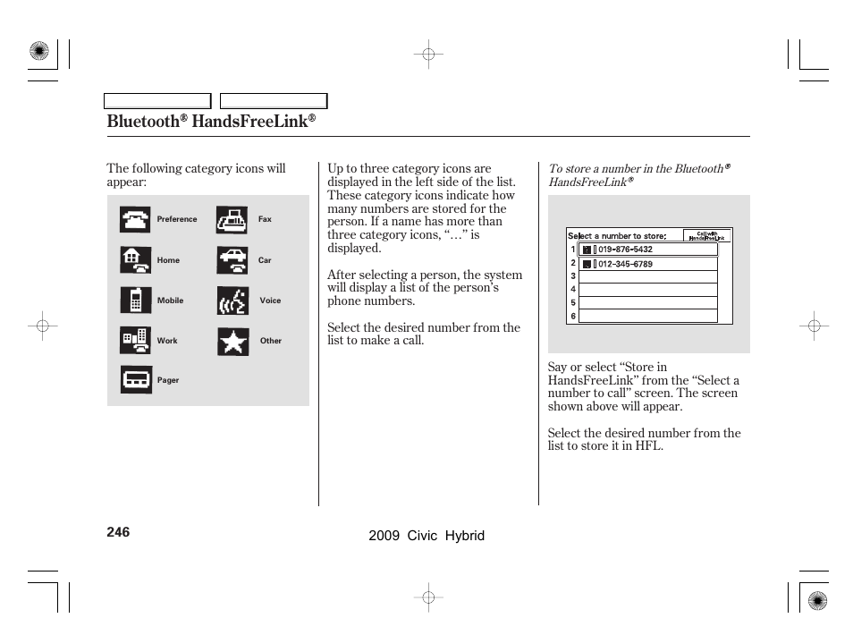Bluetooth handsfreelink, 2009 civic hybrid | HONDA 2009 Civic Hybrid User Manual | Page 249 / 384