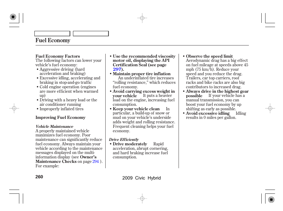 Fuel economy | HONDA 2009 Civic Hybrid User Manual | Page 263 / 384