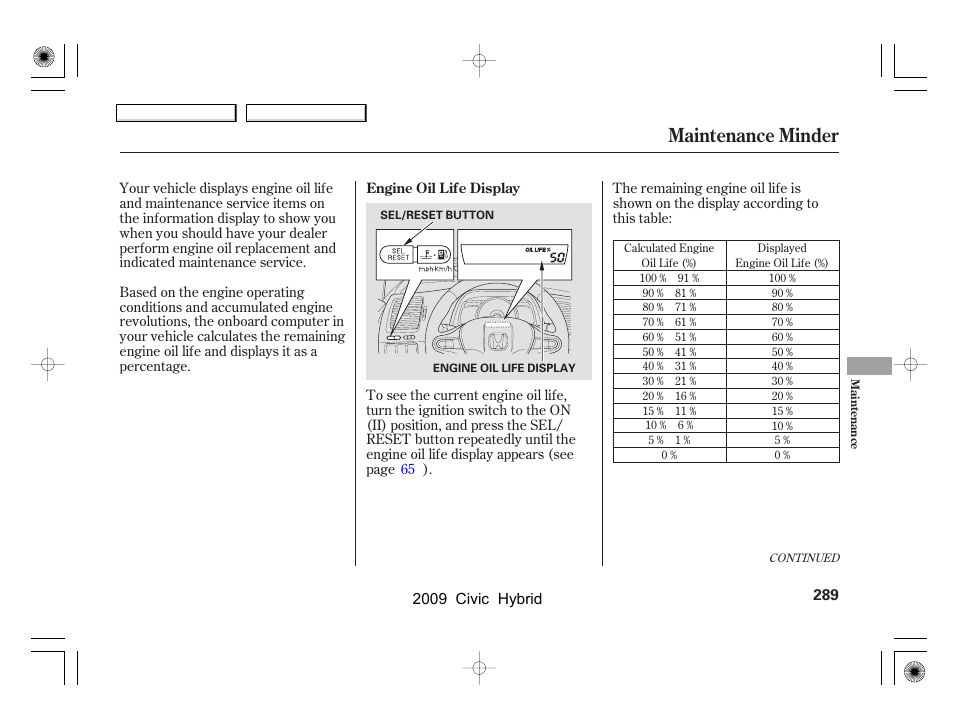 Maintenance minder | HONDA 2009 Civic Hybrid User Manual | Page 292 / 384