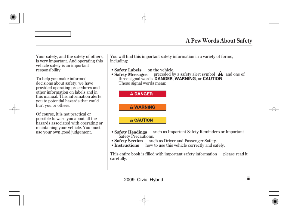 A few words about safety | HONDA 2009 Civic Hybrid User Manual | Page 3 / 384