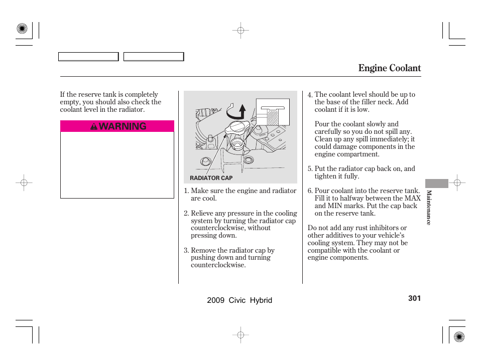 Engine coolant | HONDA 2009 Civic Hybrid User Manual | Page 304 / 384