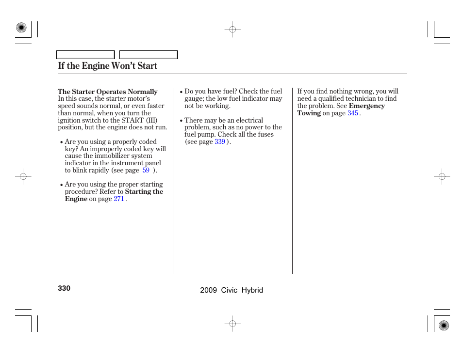 If the engine won’t start | HONDA 2009 Civic Hybrid User Manual | Page 333 / 384
