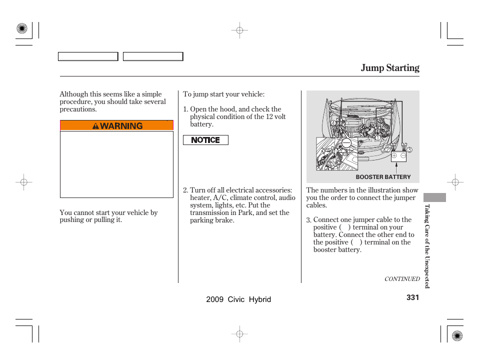 Jump starting | HONDA 2009 Civic Hybrid User Manual | Page 334 / 384