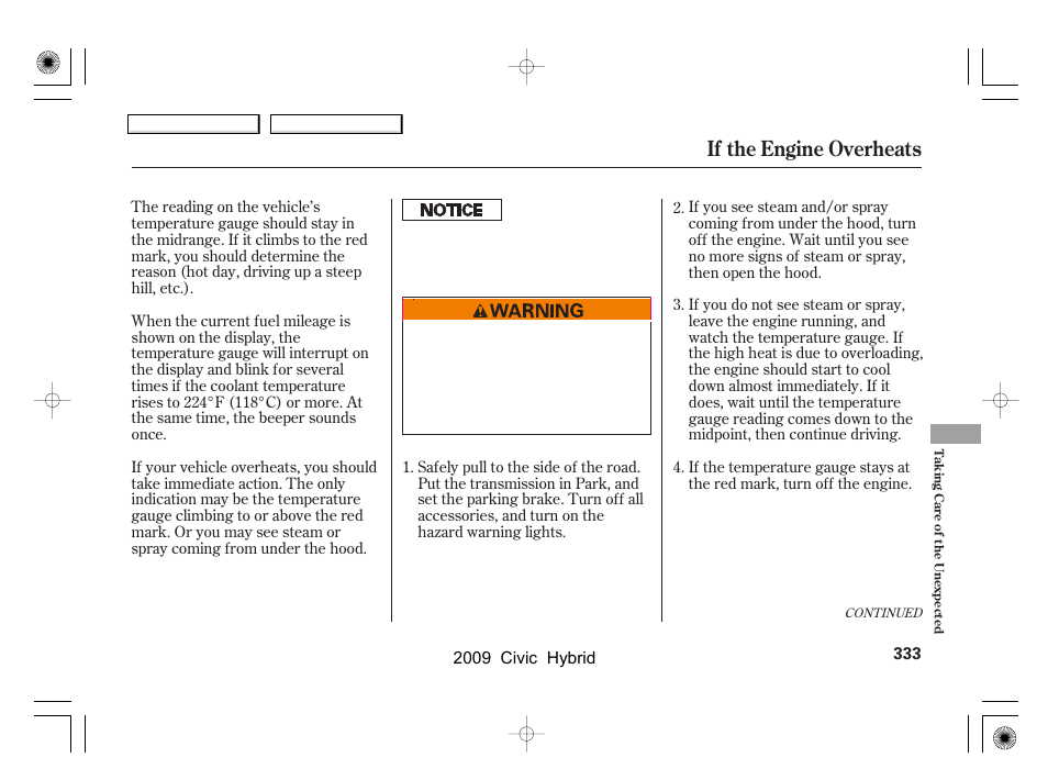 If the engine overheats | HONDA 2009 Civic Hybrid User Manual | Page 336 / 384