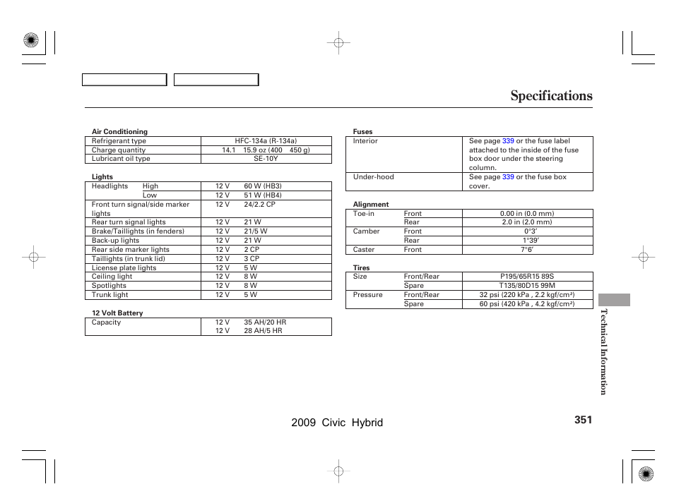 Specifications, 2009 civic hybrid | HONDA 2009 Civic Hybrid User Manual | Page 354 / 384