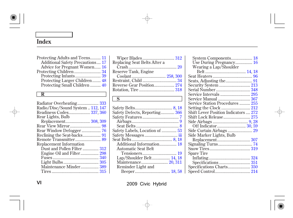 Index | HONDA 2009 Civic Hybrid User Manual | Page 377 / 384