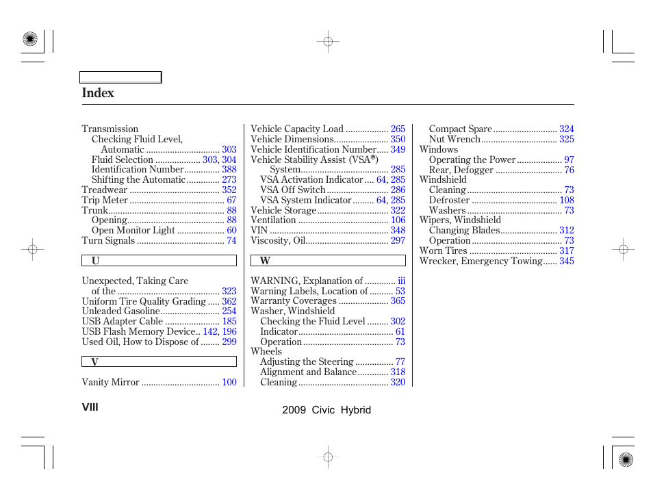 Index | HONDA 2009 Civic Hybrid User Manual | Page 379 / 384