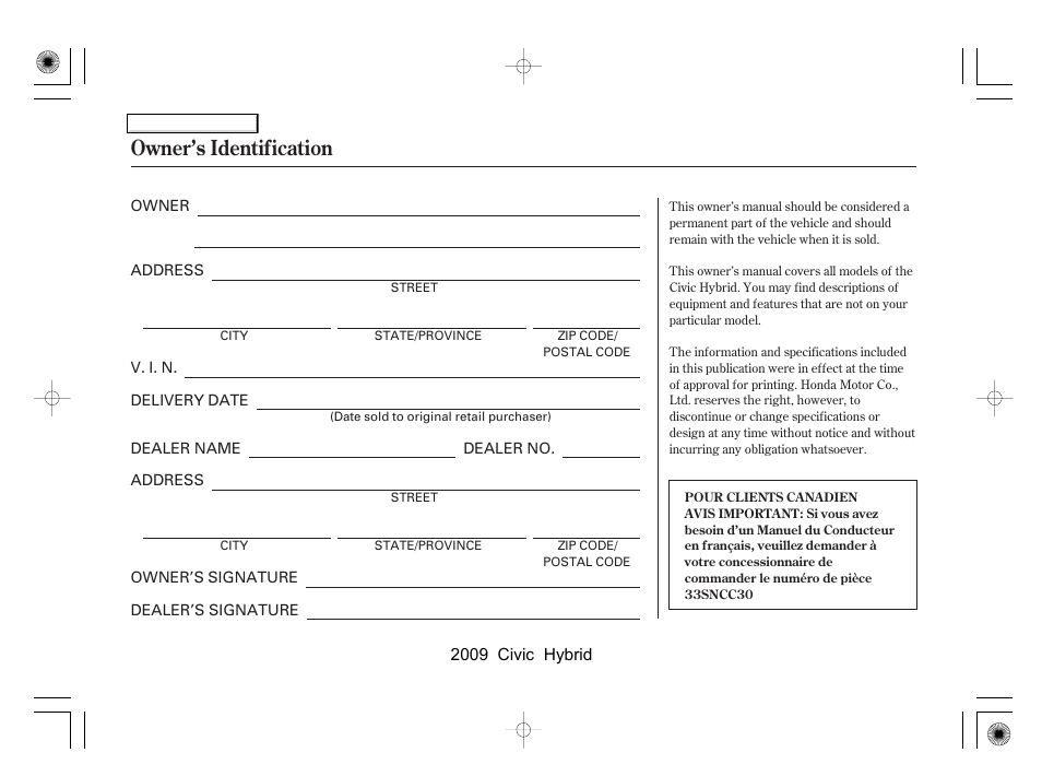 Owner’s identification | HONDA 2009 Civic Hybrid User Manual | Page 384 / 384