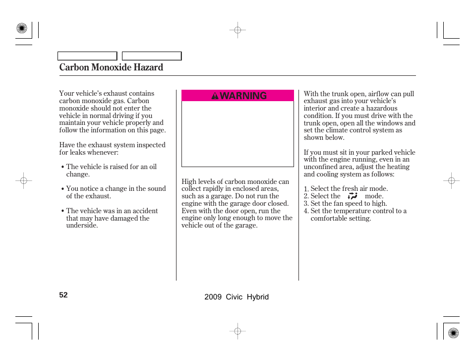 Carbon monoxide hazard | HONDA 2009 Civic Hybrid User Manual | Page 55 / 384