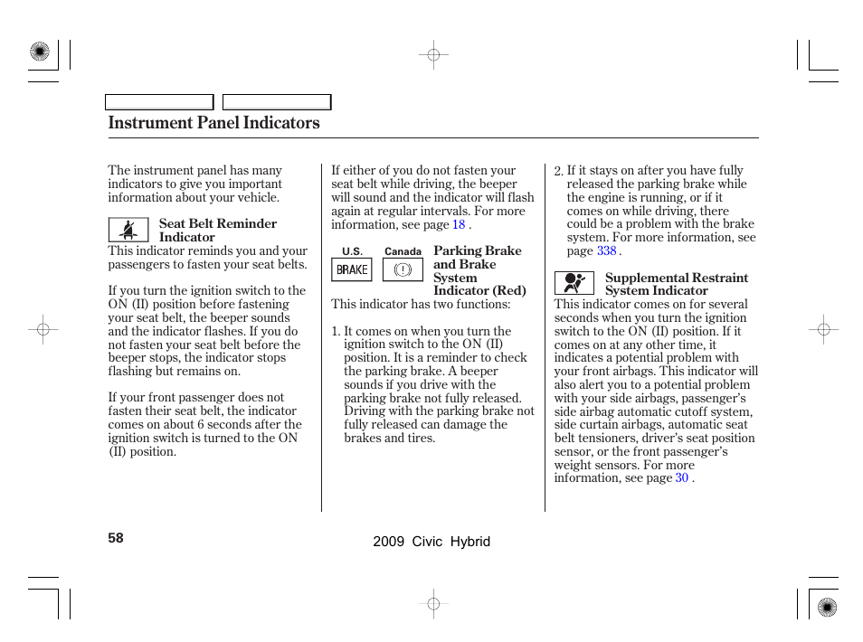 Instrument panel indicators | HONDA 2009 Civic Hybrid User Manual | Page 61 / 384